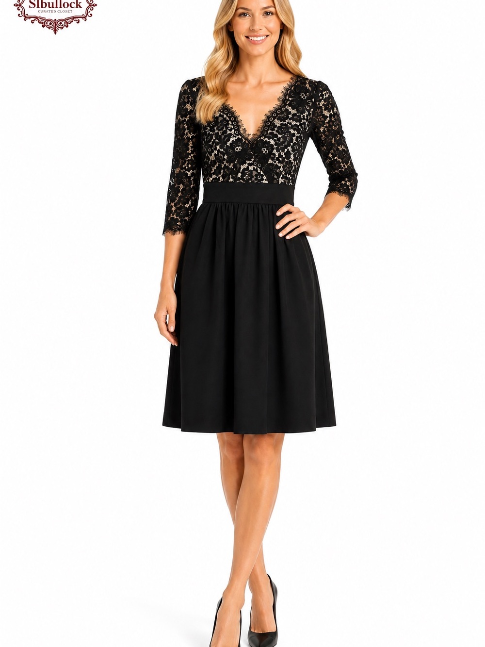 E8 Eliza J Size 6 Black Lace V-Neck Fit & Flare Cocktail Dress